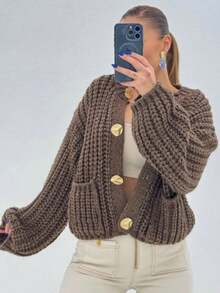 Women's Fashion Single Pocket Decoration Casual Knit Sweater Jacket, Retro Round Neck Elegant Short Top, Street Style - Brown - View 2