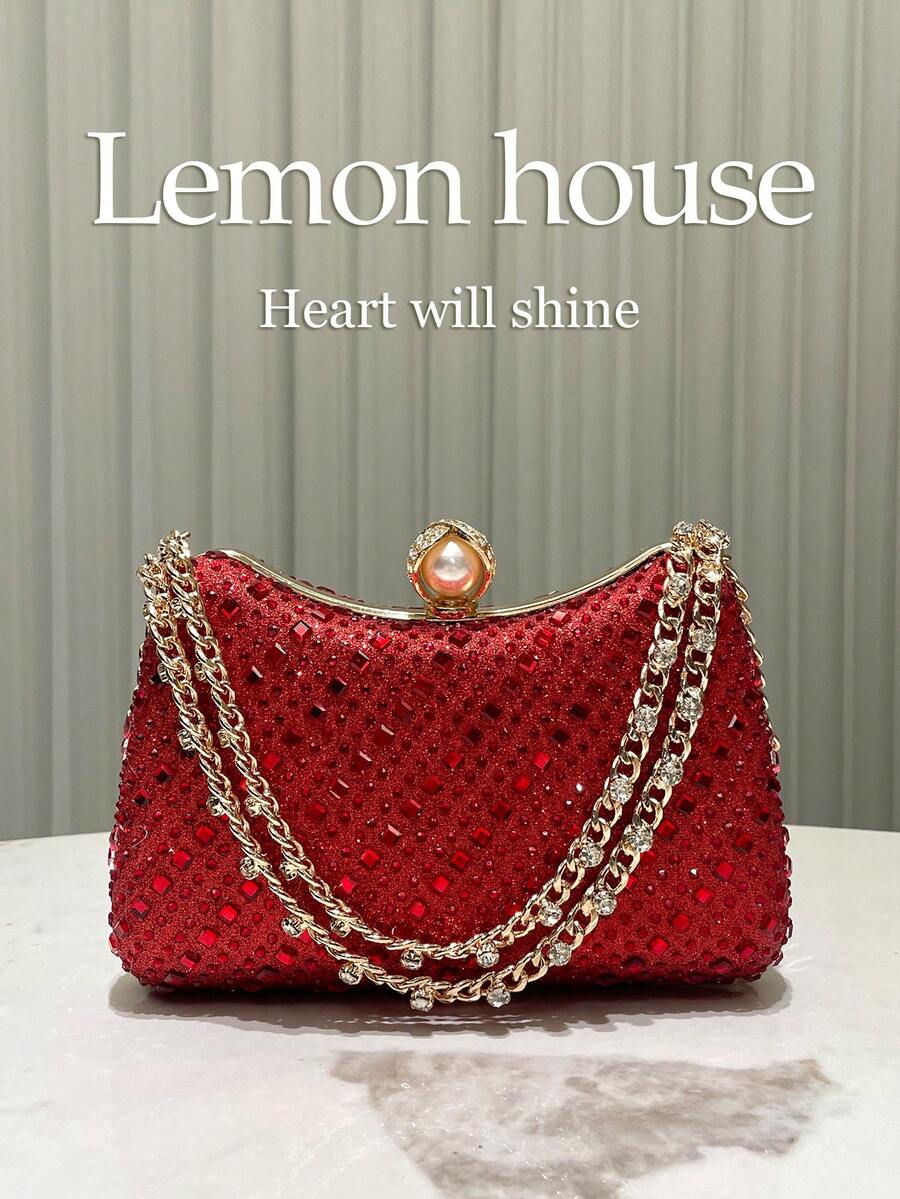 1pc Shiny Rhinestone Embellished Red Clutch Bag, Elegant And Fashionable For Evening Gowns, Suitable For Cocktail Party, Wedding, Prom, Formal Occasions