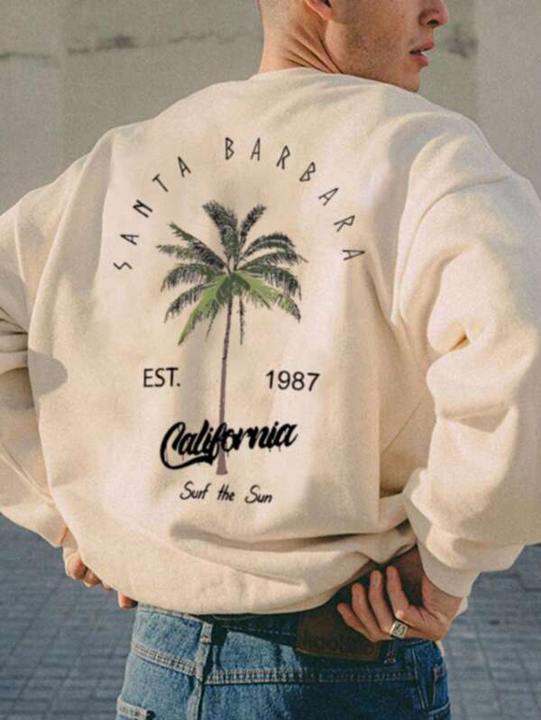 بلوزة رجالية بياقة مستديرة وأكمام طويلة مطبوعة بأشجار النخيل والحروف، بتصميم كاليفورنيا الأنيق والفضفاض والمريح، مناسبة للخريف