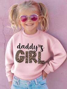 1件情人节女童休闲“爸爸的小公主”印花圆领卫衣，秋冬季学生儿童长袖上衣 - 豹纹印花时尚酷炫，适合年轻潮流人士 - 粉色 - 查看 6