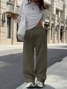 Sulojter Casual Loose Solid Color Elastic Waist Sweatpants - Khaki - View 4