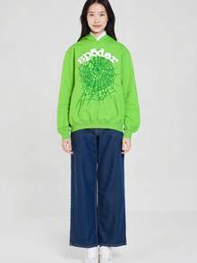 Sp5der 555555 Spider Web Foamed Printed Pure Cotton Hooded Sweatshirt Casual Long Pants Set For Autumn And Winter Men And Women  Spring/Fall  All    Drawstring  Pocket  Zipper - Green - View 5