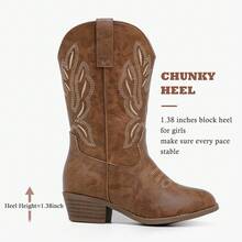 Girls LightBrown Classic Embroidered Cowgirl Boots Mid Calf Pointed Toe Western Cowboy Boots With Zipper And Pull Tab For Toddler Little Big Kids Horse Riding Party Daily Wear - 淺棕 - 查看 7