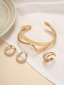 4pcs Fashion Resin Drippy Gold Earrings, Rings, Bracelets & Cuff Bracelet Jewelry Set, Matching Bracelet & Ring Set, Minimalist Chunky Bracelet & Ring Set, Suitable For Girl