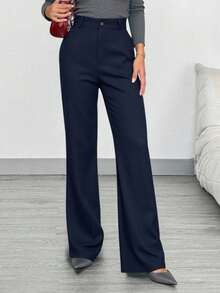 Women's Tailored Flare Pants With Fake Pockets At The Back - Màu xanh hải quân - Xem 4
