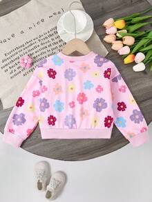Girls' Ditsy Floral Baseball Jacket, Long Sleeve Zip-Up Cropped Cardigan For Autumn/Winter - Pink - View 3