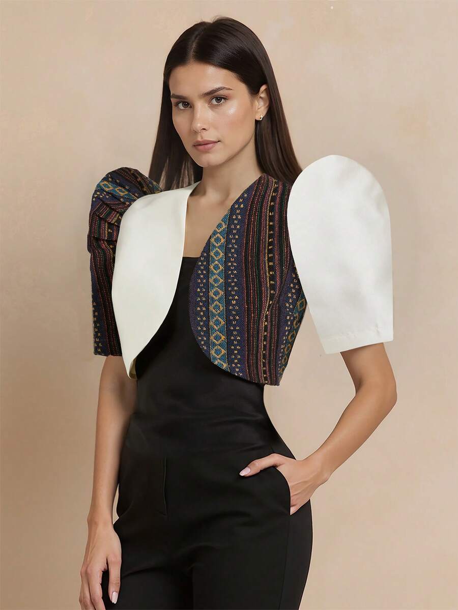 Amyenjoylife Modern Philippine Style Summer Elegant Puff Sleeve Splice Cardigan Top Bolero Philippine Women Clothing, Champagne Top - Champagne - View 1