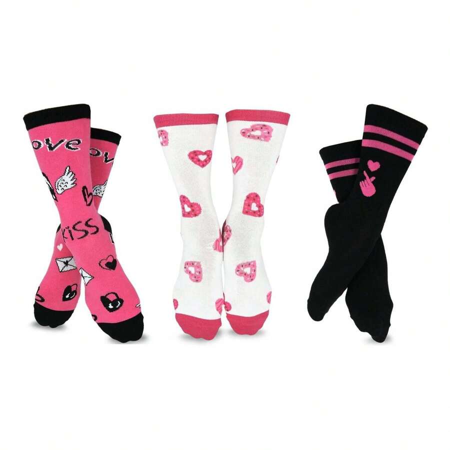 Valentine's Day Crew Socks For Women 3-Pair Pack - Love Heart Pattern - Comfortable Cotton- Women's 9-11 & Men's 10-13 - 如圖688 - 查看 1