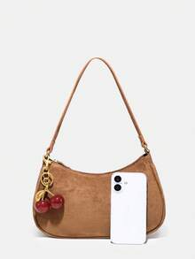 1pc Soft Suede Short Plush Autumn/Winter Decorative Cherry Pendant, Women Simple Shoulder Bag With Zipper Closure, Vintage Style Underarm Bag, Suitable For Various Occasions - Mocha Brown - View 6