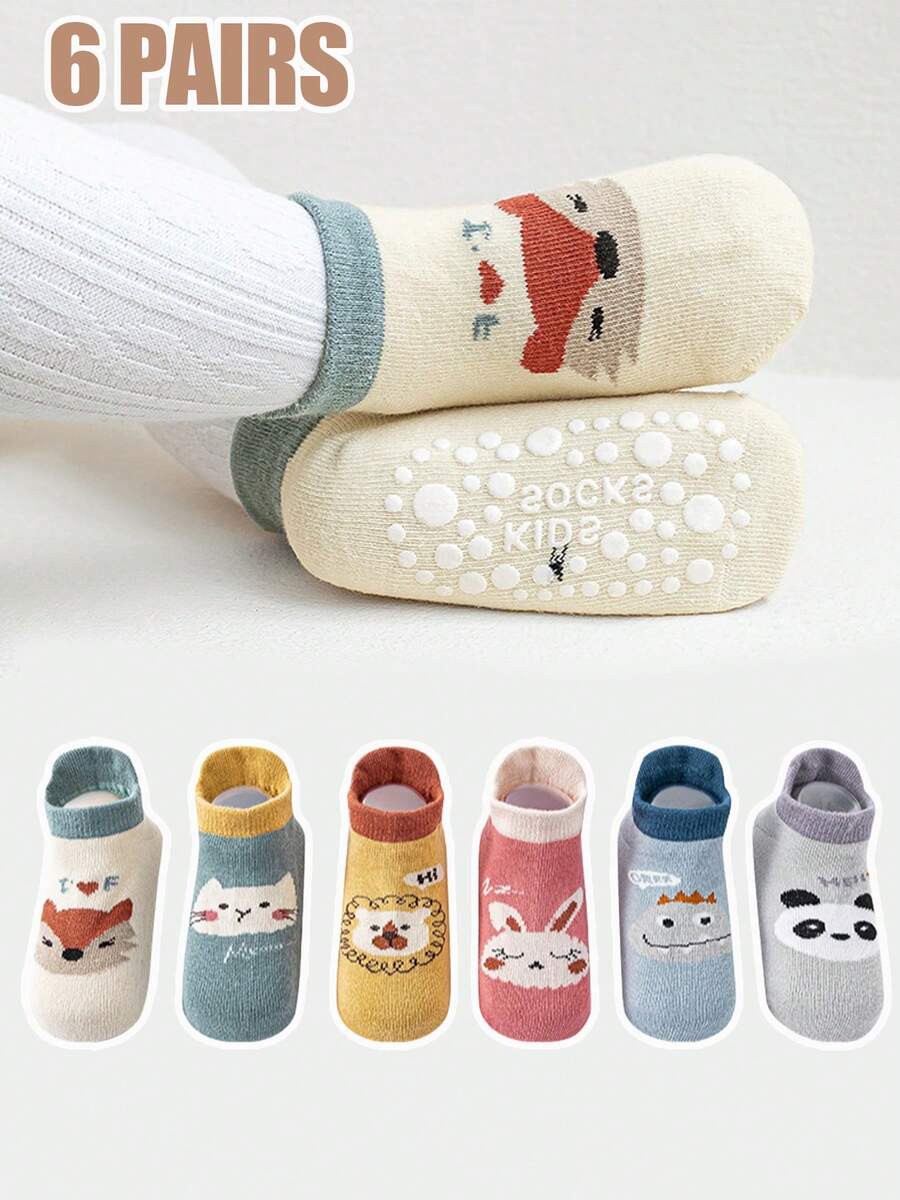 6 Paar Baby Jungen/Mädchen Antirutsch Griff Socken, Kindersocken, Kleinkind Socken, weiches & bequemes Material, Cartoon Muster, geeignet für alle Jahreszeiten