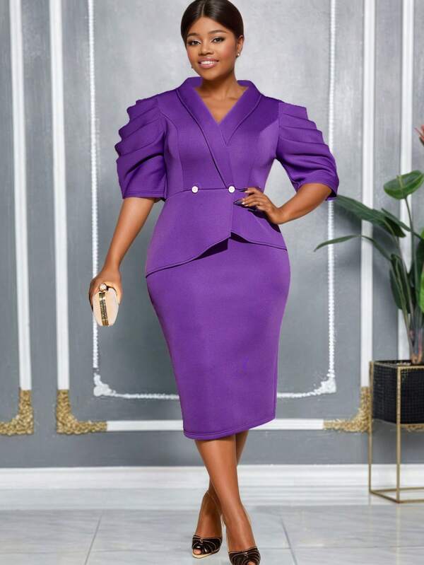 AOMEI Purple Elegant Women's V - Neck Long Sleeve Peplum Midi Sheath Dress With Double - Button Design, Ideal For Church, Office, Cocktail Parties And Formal Events