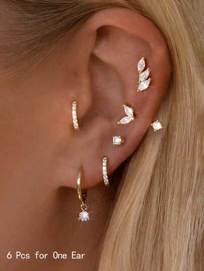 6件套女士时尚简约金色立方氧化锆闪亮耳钉套装，低过敏性，小巧耳环设计，轻盈百搭，适合多个耳洞