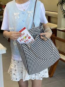 (Customized) Personalized Embroidered Minimalist Plaid Canvas Tote Bag, Original Niche Versatile Commuter Large Capacity Shoulder Bag For Students