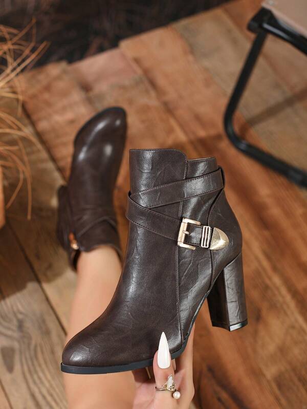 Botas de mujer, tacón grueso, talla grande, unicolor, cremallera lateral, punta afilada, botines de tacón alto, otoño/invierno
