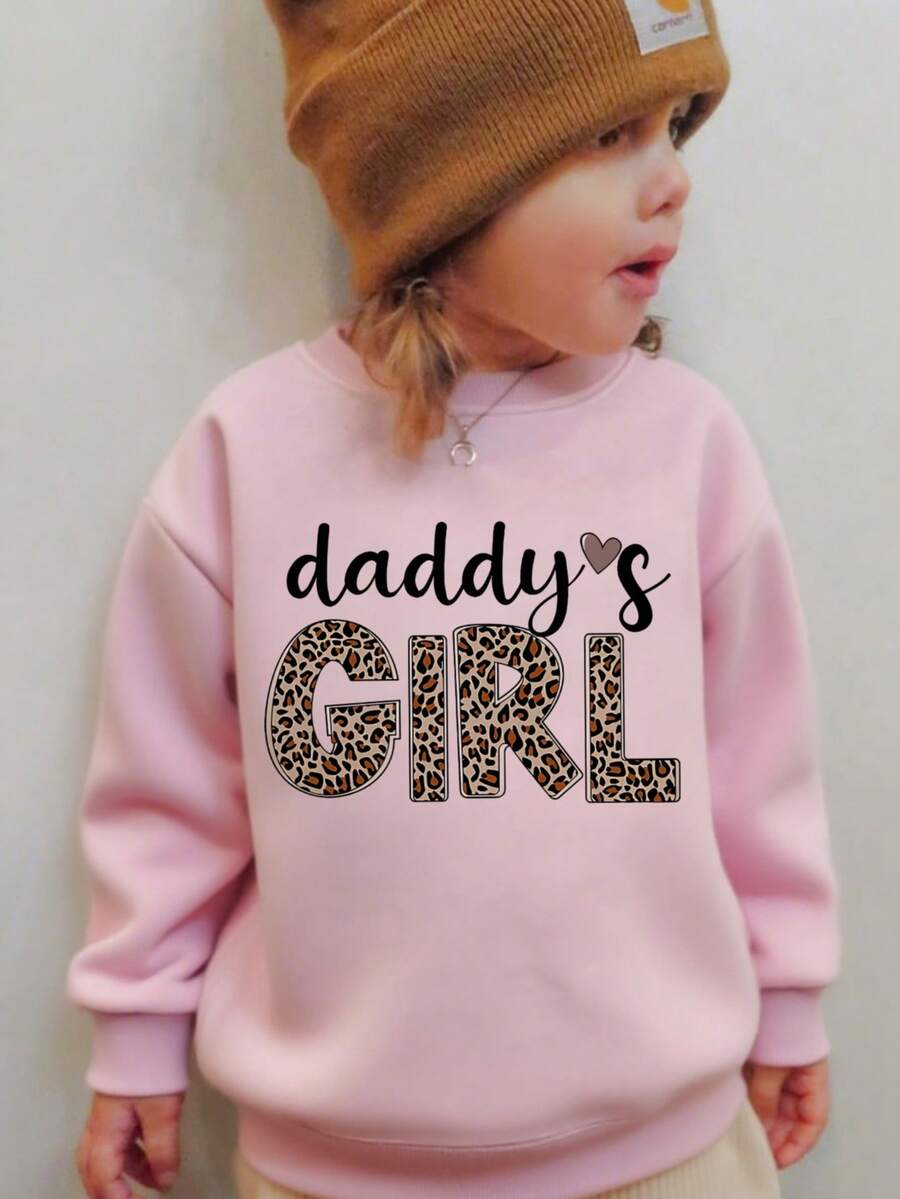1件情人节女童休闲“爸爸的小公主”印花圆领卫衣，秋冬季学生儿童长袖上衣 - 豹纹印花时尚酷炫，适合年轻潮流人士 - 粉色 - 查看 1