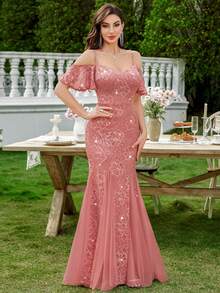 MIUSOL 亮片花卉蕾丝露肩荷叶袖撞色网纱鱼尾晚宴派对长裙，优雅女士派对礼服，正式晚礼服，舞会礼服，适合婚礼宾客、毕业典礼、晚宴、情人节等场合。 - 藕粉色 - 查看 7