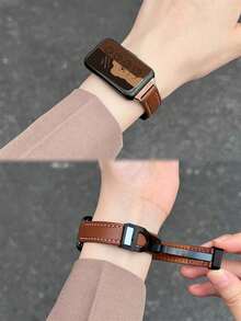 1pc Foldable Magnetic Clasp Leather Watch Band, Compatible With Huawei Band 10/9/8/7 NFC Version - Brown - View 5