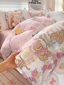 1件装新款爱心泰迪熊印花柔软透气亲肤被套，吸湿排汗，柔软舒适，经久耐用，不易褪色，抗菌保暖，适用于卧室、客房、宿舍、双层床，男女通用，四季皆宜。 - 愛心蘿莉熊 - 查看 4