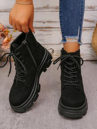 Women's Fashion Boots, New Comfortable Versatile Platform Short Boots, Casual Stylish Punk Lace-Up Hollow Out Side Zipper Motorcycle Boots
