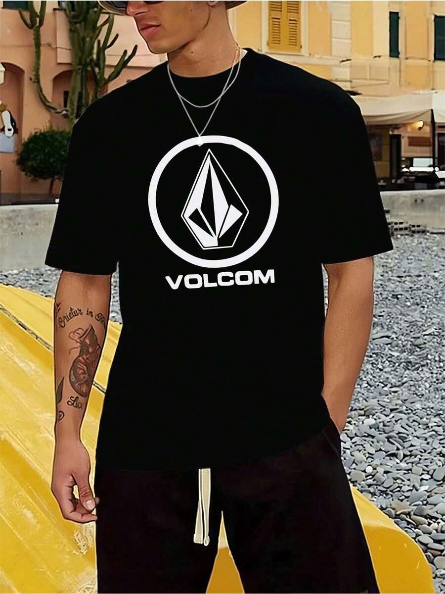 Volcom Graphic Print Tee  Men's Classic Streetwear Graphic T-Shirt,100% Cotton, Sweat-Absorbing, Stylish Graphic Design - 黑色 - 查看 1