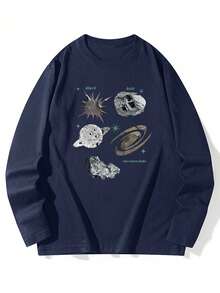 女士宽松休闲卡通星空印花长袖T恤，棉质，春秋季 - 藏蓝色 - 查看 3