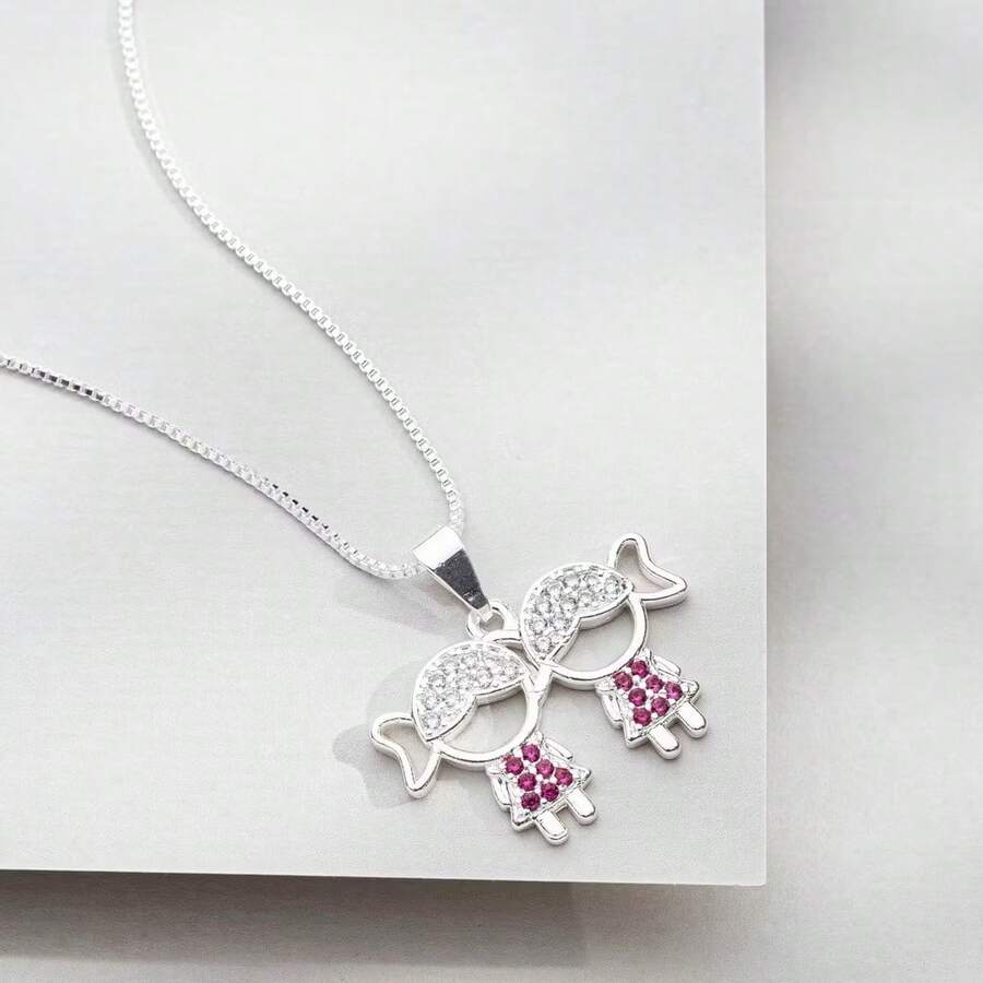 Delicate Women's Necklace With Children's, Boy's And Girl's Pendants, Plated In 18K Gold And 925 Silver With Zirconias - 2 menina (Prata) - 查看 1