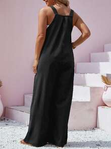 Plus Size Solid Color Sleeveless Overall With Pockets, Fall&Winter,Black