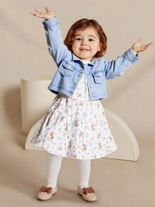 SHEIN Elladie kids Baby Girl Flap Pocket Denim Jacket & Floral Print Ruffle Hem Cami Dress - Blue and White - View 2