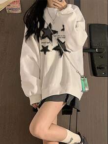 Women's Loose Casual Versatile Star Print Crew Neck Sweatshirt, Autumn/Winter - White - View 1