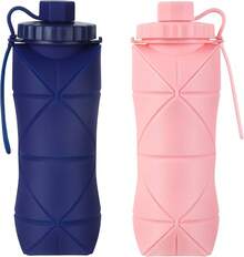 Silicone Collapsible Bottles,Lightweight Reusable Leakproof Traveling Camping Hiking Cycling Sports Outdoor,Foldable Portable Travel Bottle 600ML Dark And Purple 2Pack. - Xanh đậm + Hồng - Xem 13