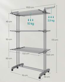 Tendedero Plegable de 4 Niveles, con Ruedas, Alas Plegables, 63,5 x 125,5 x 173 cm, Gran Capacidad, Montaje Fácil, Uso Interior y Exterior, Gris Paloma - gris paloma - Ver 6