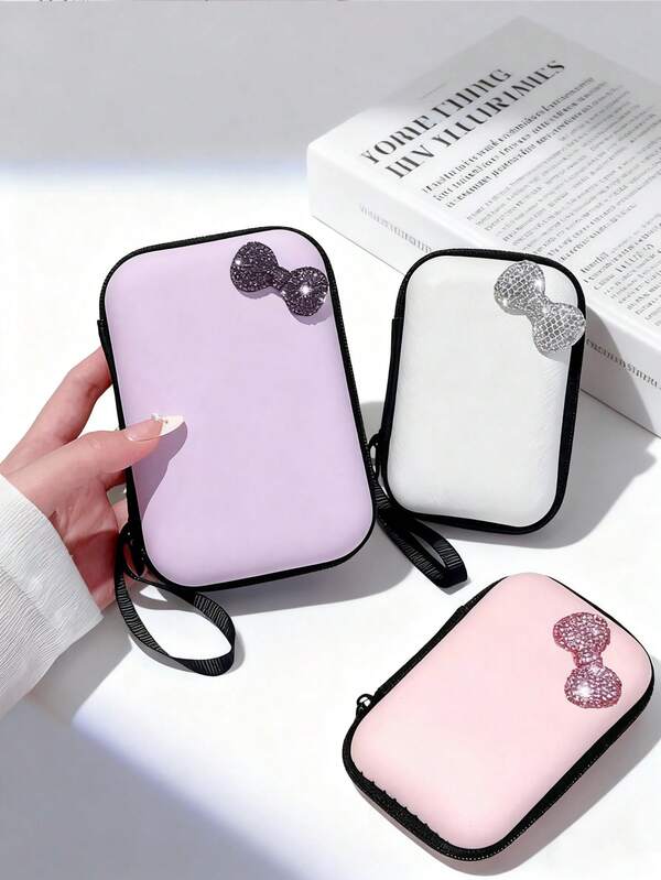 Rhinestone Bow Solid Color Large Capacity Data Cable Storage Bag, Bluetooth Earphone, Wired Earphone, Charger, Charging Cable Portable Shockproof Zipper Case, EVA Storage Bag For Summer Vacation, Outdoor Activities, Home Travel Cable Organizer Electronic Organizer Waterproof For Travel For Tech For Women For Men