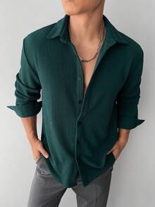 WAIT HIM 男士休闲纯色长袖衬衫 - 墨綠色 - 查看 3