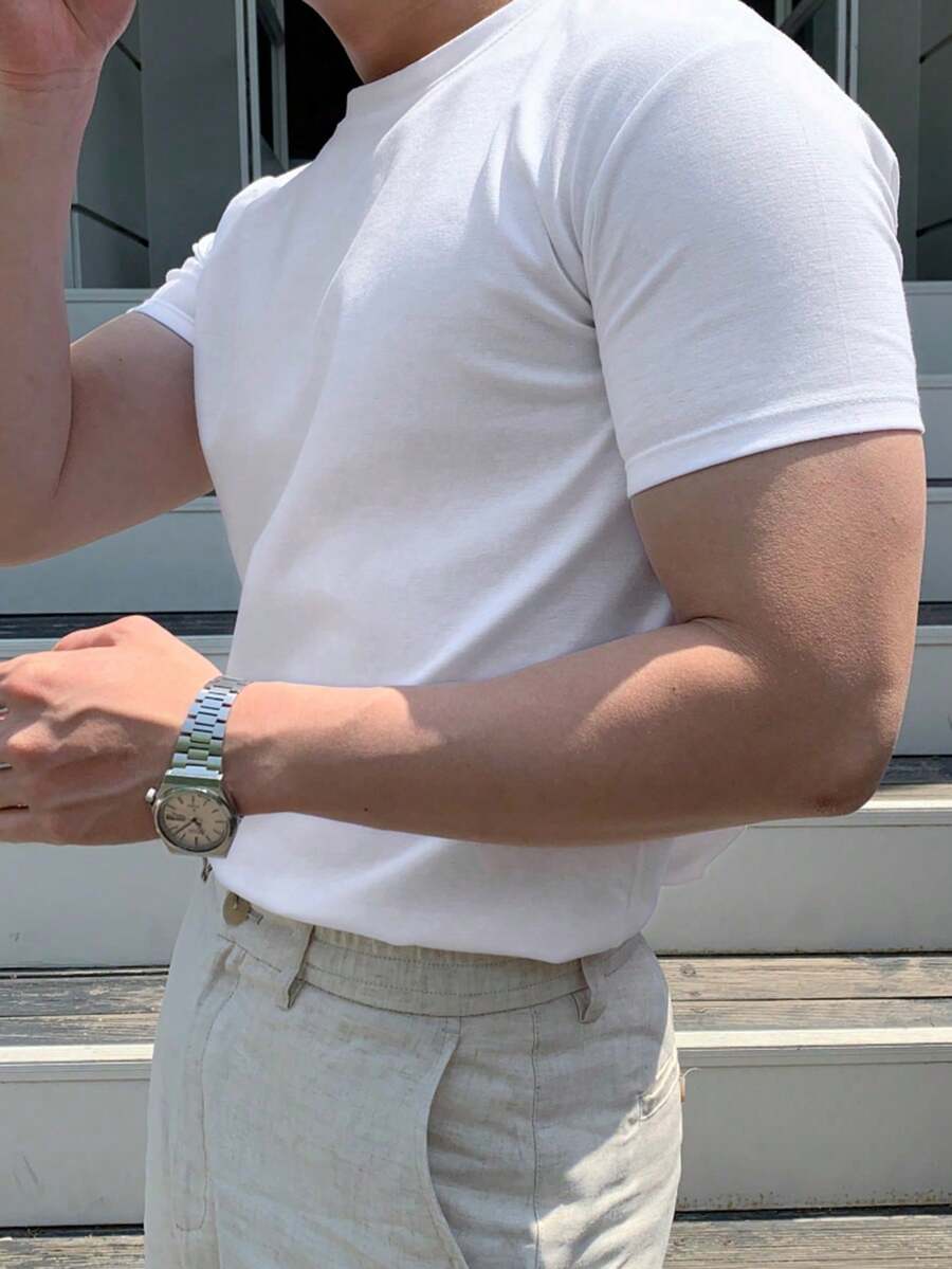 Camiseta ajustada para hombre color blanco liso diseño minimalista verano moda casual básico algodón suave cómodo transpirable estilo urbano - Blanco - Ver 1