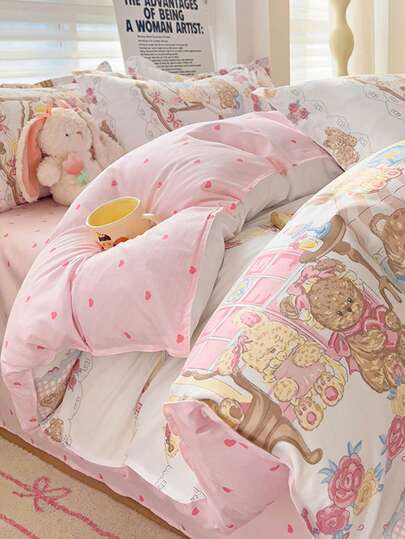 1pc New Heart Teddy Bear Print Soft Breathable Skin-Friendly Duvet Cover, Moisture-Wicking, Soft, Durable, Fade-Resistant, Antibacterial, Warm Quilt Cover Suitable For Bedroom, Guest Room, Dorm, Bunk Beds, Unisex, All Seasons