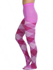 Women's Argyle Checkered Rhombus Net Opaque Sheer Tights Pantyhose, Fashionable 2025 7FWD - 大號不透明對比菱形花紋印花 - 粉紅色/紫紅色 - 查看 7