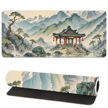 1pc Chinese Landscape Large Gaming Mouse Pad, Non-Slip Rubber Base, Stitched Edges, Extended Keyboard Mat, Ultra Smooth Surface, High-Definition Green Mountain Scenery Print, Desk Pad For Home & Office