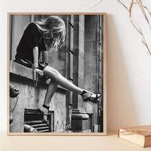 1pc Frameless Black & White Vintage Minimalist Canvas Wall Art - Elegant Girl Sitting By Window With Outstretched Legs, Waterproof Odorless Vertical Poster For Bedroom, Living Room, Office, Dorm Decor, Indoor/Outdoor Use, Birthday Gift Artwork, Home Decoration, Artistic Decor, Highquality Print, Framed Alternative, Home Decorators
