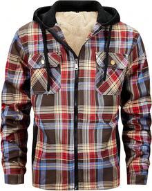 Men's Winter Fleece Warm Thick Plaid Jackets Heavyweight Cotton Hoodies Flannel Hooded Shirt JacketChristmas VTWT - A26棕藍色 - 查看 1