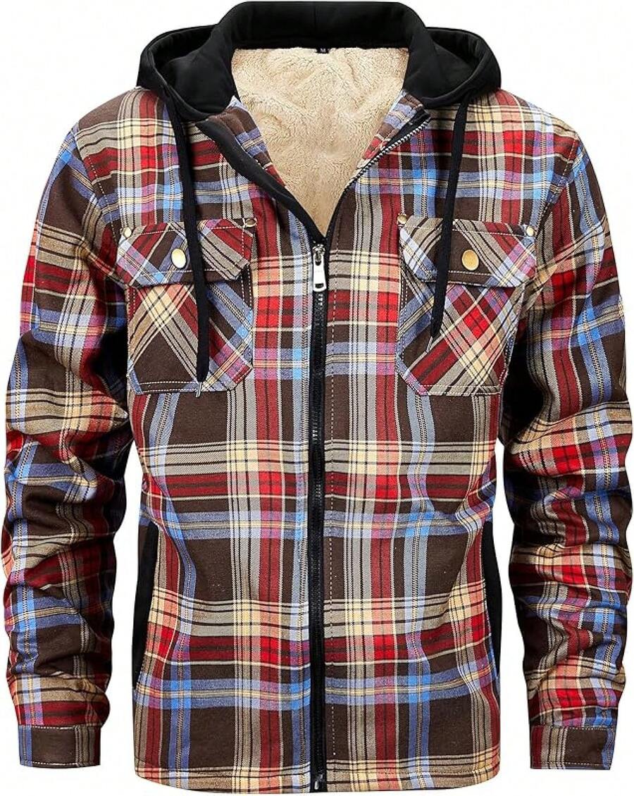 Men's Winter Fleece Warm Thick Plaid Jackets Heavyweight Cotton Hoodies Flannel Hooded Shirt JacketChristmas VTWT - A26棕藍色 - 查看 1