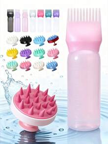 3件套/2件套护发套装，包含喷雾瓶（200毫升/300毫升）、发根涂抹瓶、染发油涂抹瓶 - 染发瓶和头皮按摩刷，可清洁头皮并按摩头部，缓解压力，促进头发生长，男女通用沐浴刷 - 让您的洗发日更轻松快捷，在家即可享受沙龙级美发体验 - 白色+粉紅色 - 查看 13