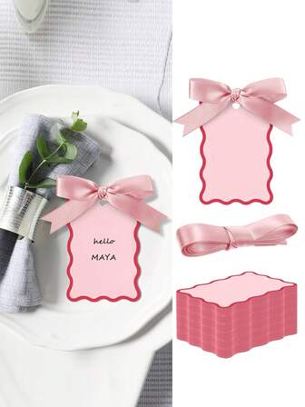 6/24/48pcs Scallop Shape Name Place Cards With Ribbons, DIY Wedding Table Number Cards, Wedding Party Decorations (Pink)