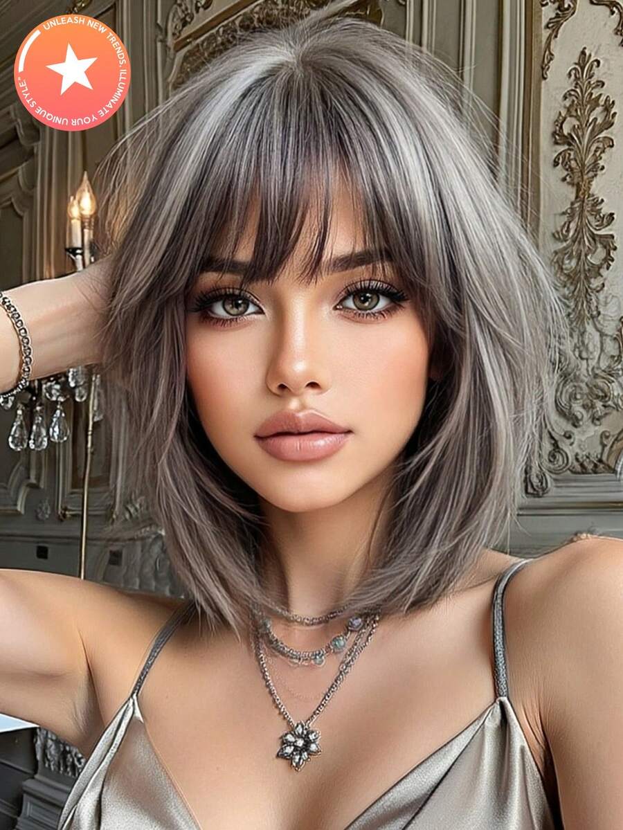 高品质12英寸灰色波波头短直发合成假发，带刘海，女士假发，适合节日、派对和日常佩戴 - 灰色 - 查看 1