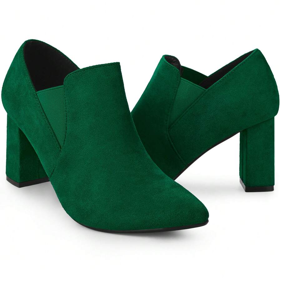 Pointy Toe Slip On Chunky Heels Chelsea Ankle Booties For Women - Dark Green - View 1