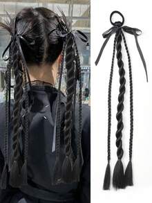 1pc Black Bow Black/ Brown Light Brown /Braided Ponytail18 Inch Natural Black Boxing Braided Synthetic Three-Strand Braid, Twist Braid Ponytail Extensions With Rubber Band Hair Extensions For Women Daily Use - Multicolor - View 11