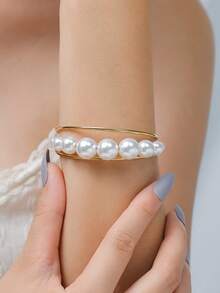 1pc Elegant Casual Faux Pearl Decor Stainless Steel Bangle Easily Matched Cuff Bracelet Classic Golden Or Silvery Jewelry Accessories For Women For Daily Wear