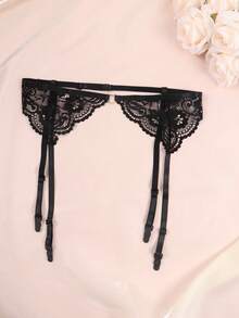 女士性感内衣配饰吊袜带，花卉蕾丝吊袜带，可搭配过膝长袜 - 黑色 - 查看 2