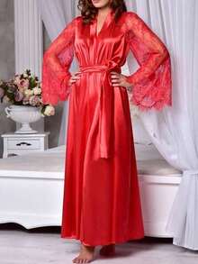 1pc - Wearable Sexy Robe, Bathrobe, Sleepwear, Satin Lace Long Sleeve Nightgown For Women, Christmas/Valentine's Day Gift (Styles Randomly Shipped), Holiday Essential, Autumn, Thanksgiving, Christmas, Carnival, National Day, Independence Day (Styles Randomly Shipped) - Red - View 2