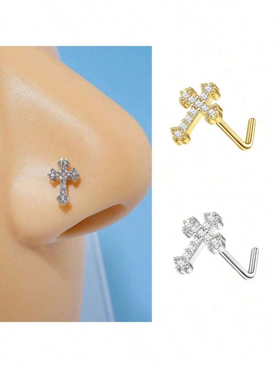 1pc Hiphop Punk Style Simple Cross Stainless Steel Nose Ring, Suitable For Daily Wear And As Gift - Nose Stud - View 1