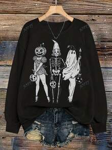 Ghost Girls , Skeleton Ghost Pumpkin, Witch Autumn, Retro Halloween, Halloween Gift, Girls Sweatshirt, Nightmare Before Christmas, Halloween, Halloween Costumes For Women, Casual Crew Neck Lon - 黑色 - 查看 1